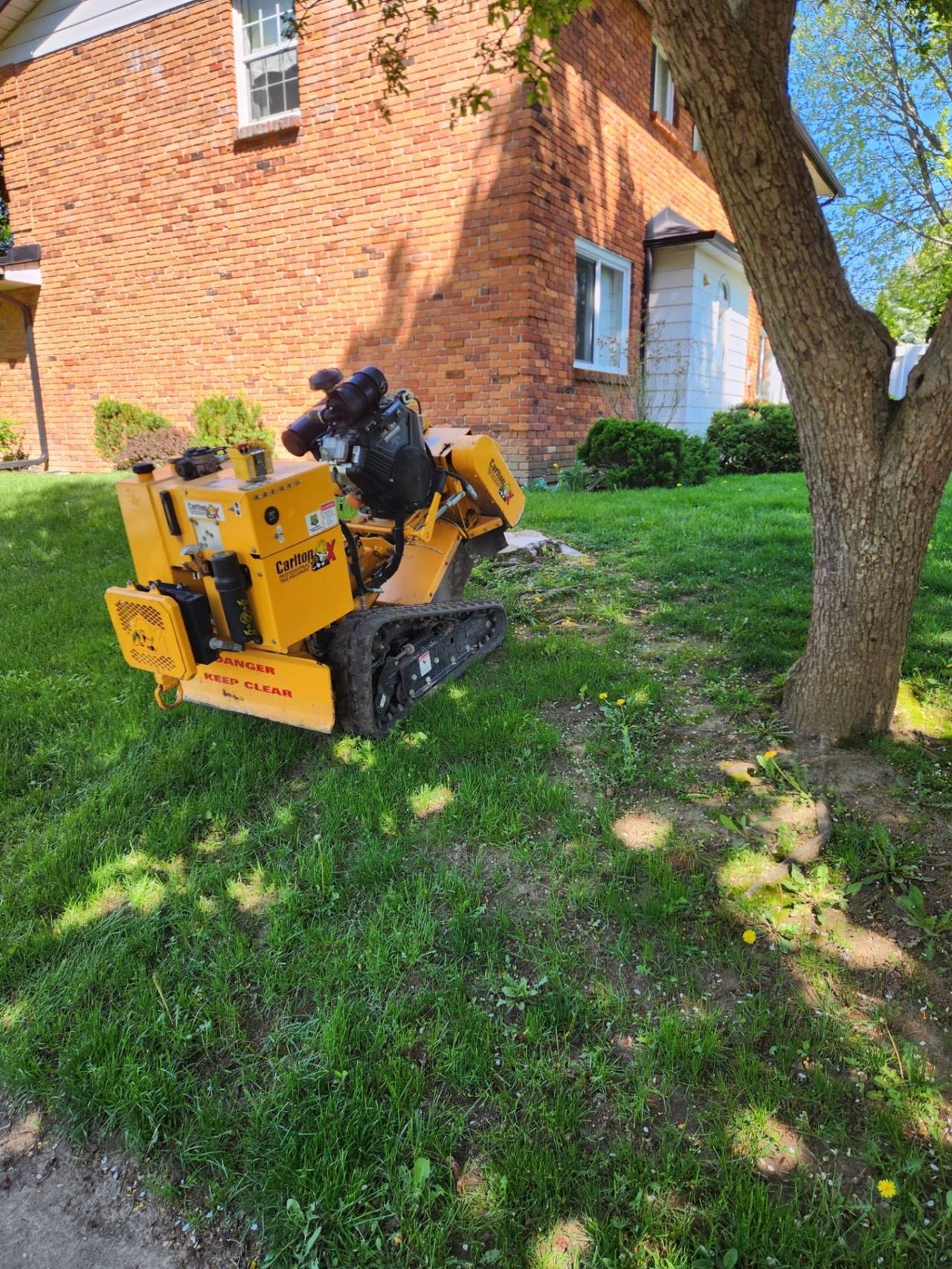 Stump grinder machine positioned beside the stump at a brick home